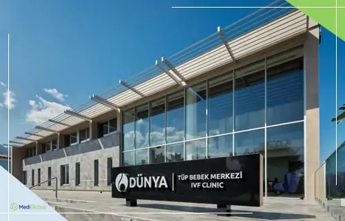 Dunya клініка ЭКЗ Сучасна будівля клініки DÜNYA з вивіскою «IVF Clinic» — центр екстракорпорального запліднення