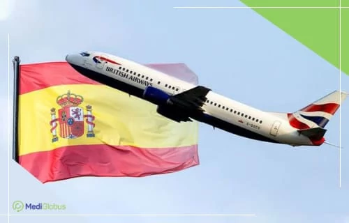 стоимость билетов на самолет в Испанию взлетающий самолет на фоне флага Испании