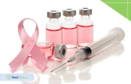 Як лікують ангіосаркому грудей Чотири флакони з рожевою рідиною, поруч — шприц і рожева стрічка, що символізує боротьбу з раком