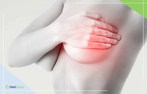 Рак груди и ИОЛТ Женщина прикрыла грудь рукой; область под рукой выделена красным цветом, символизирующим боль или воспаление