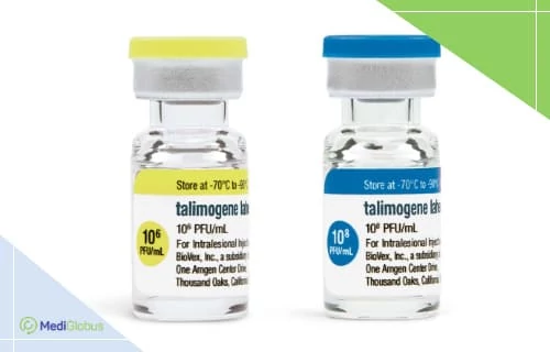 Как работает T-VEC — онколитический вирус Talimogene Laherparepvec для лечения рака кожи ампулы препарата T-VEC с разной концентрацией действующего вещества