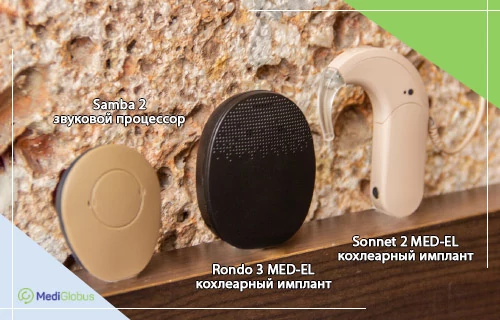 Слуховые аппараты и процессоры компании MED-EL Современные слуховые аппараты и процессоры компании MED-EL: звуковой процессор Samba 2 (слева), кохлеарный имплантат/процессор Rondo 3 (по центру) и заушный кохлеарный имплантат/процессор Sonnet 2 (справа)