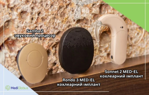 Слухові апарати та процесори компанії MED-EL Сучасні слухові апарати та процесори компанії MED-EL: звуковий процесор Samba 2 (ліворуч), кохлеарний імплантат/процесор Rondo 3 (посередині) та завушний кохлеарний імплантат/процесор Sonnet 2 (праворуч)